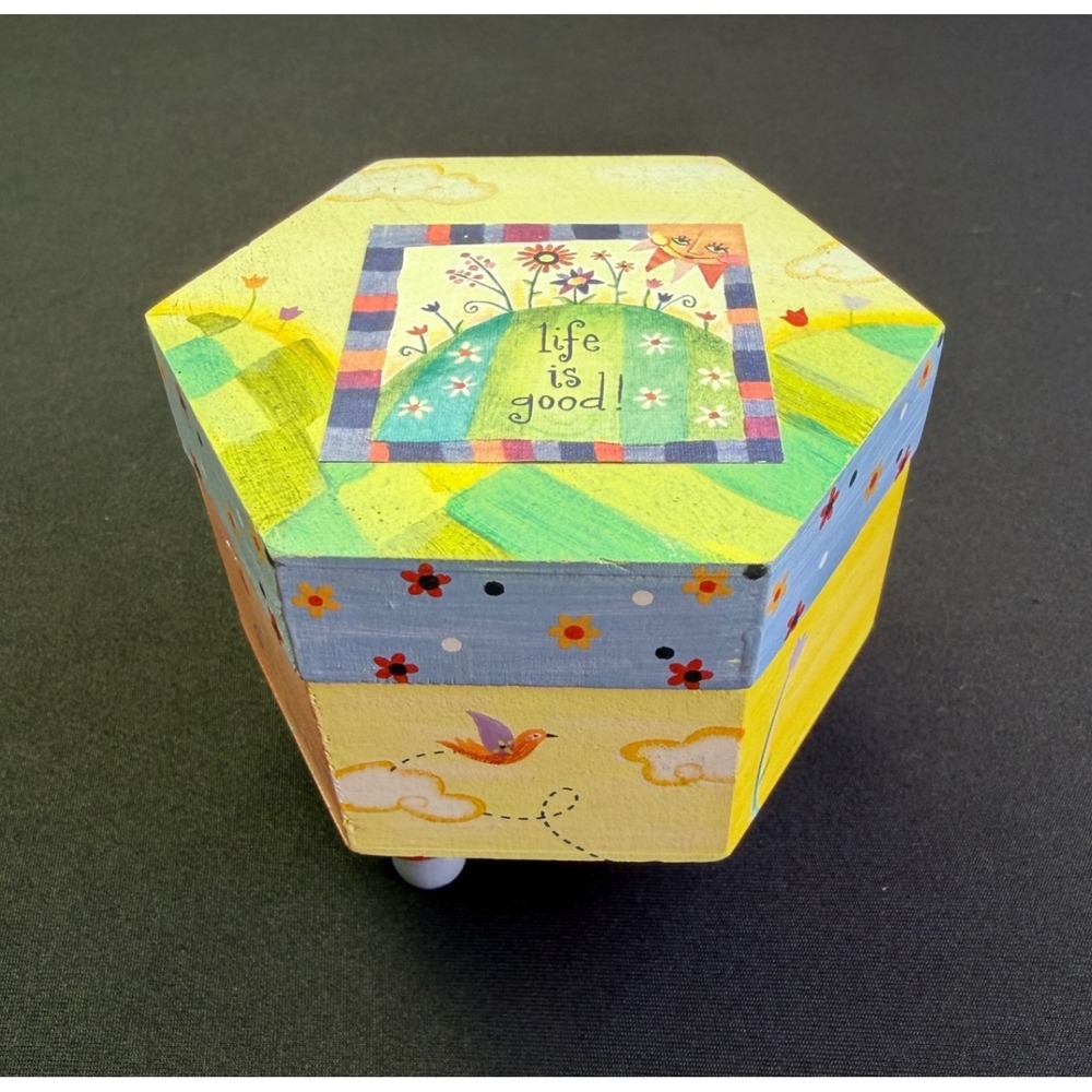 Natural Life is Good Wood Trinket Box Hexagon Yellow Floral Whimsical Decor - Picture 13 of 13